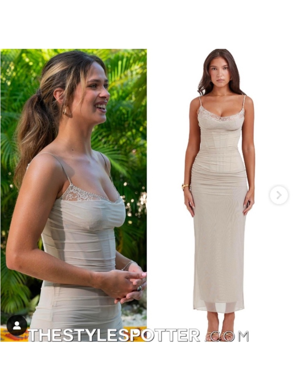 House of CB Draped Beige Mesh Maxi Dress Nalini Sand